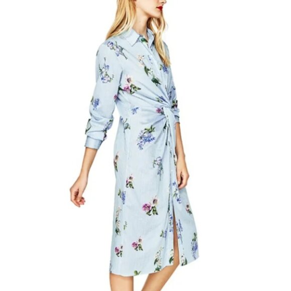 Zara Woman Blue White Pinstripe Floral Twist Knot Midi Cotton Shirt Dress Sz XS - Picture 7 of 14